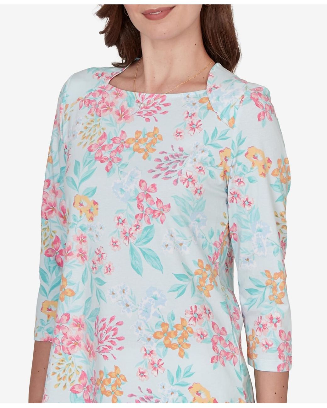 Ruby Rd. Petite Blooming Floral Envelope Neck Knit Top in Blue | Lyst