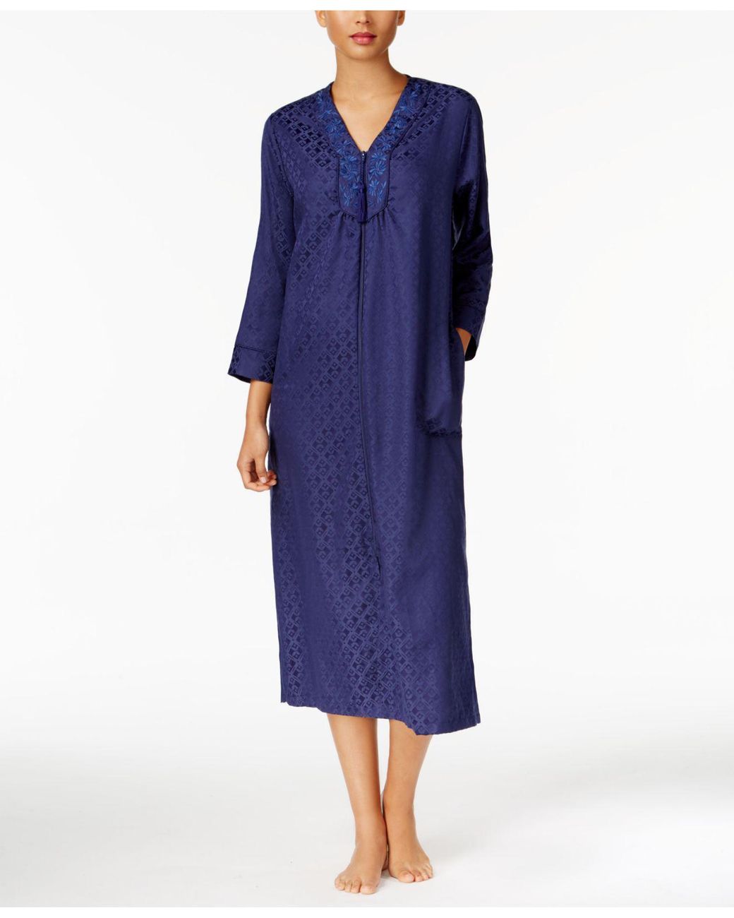 Miss Elaine Brushed-back Satin Zip-front Long Robe in Blue | Lyst