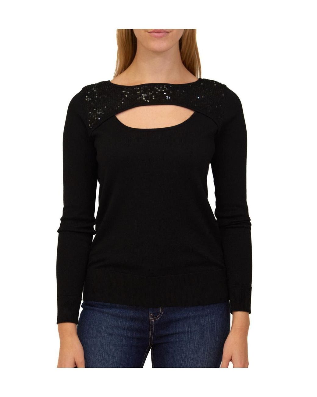 Cable & Gauge Peekaboo Sweater With Sequins in Black Lyst