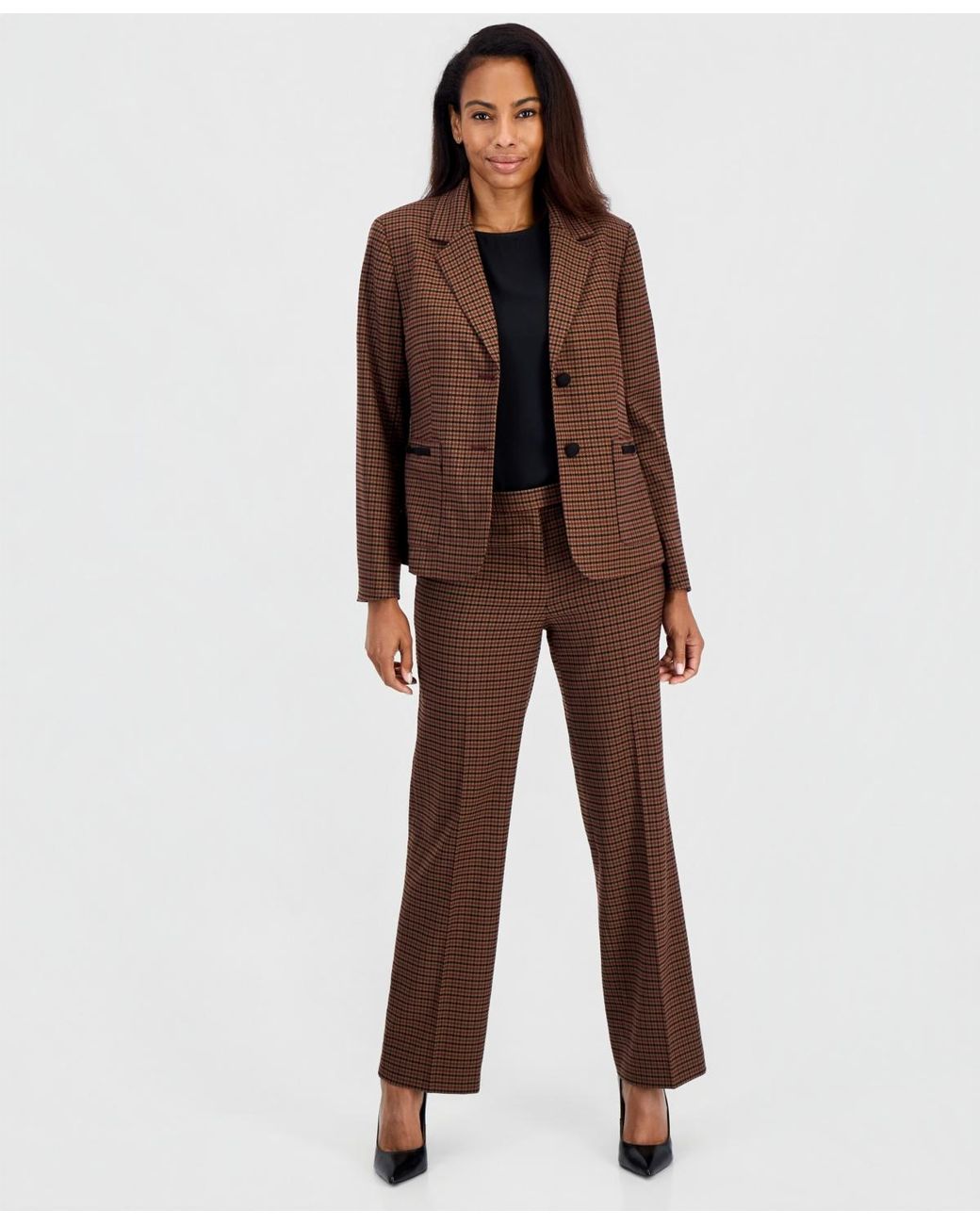 Kasper Brown Plaid Notch-collar Patch-pocket Blazer