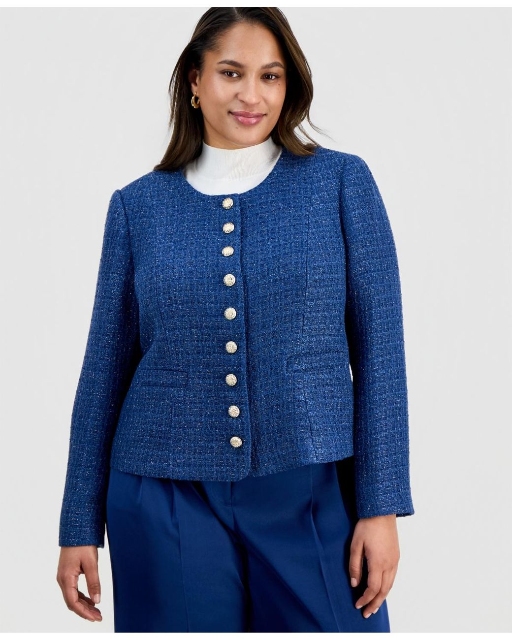 Tahari Blue Asl Plus Button-front Boucle Jacket