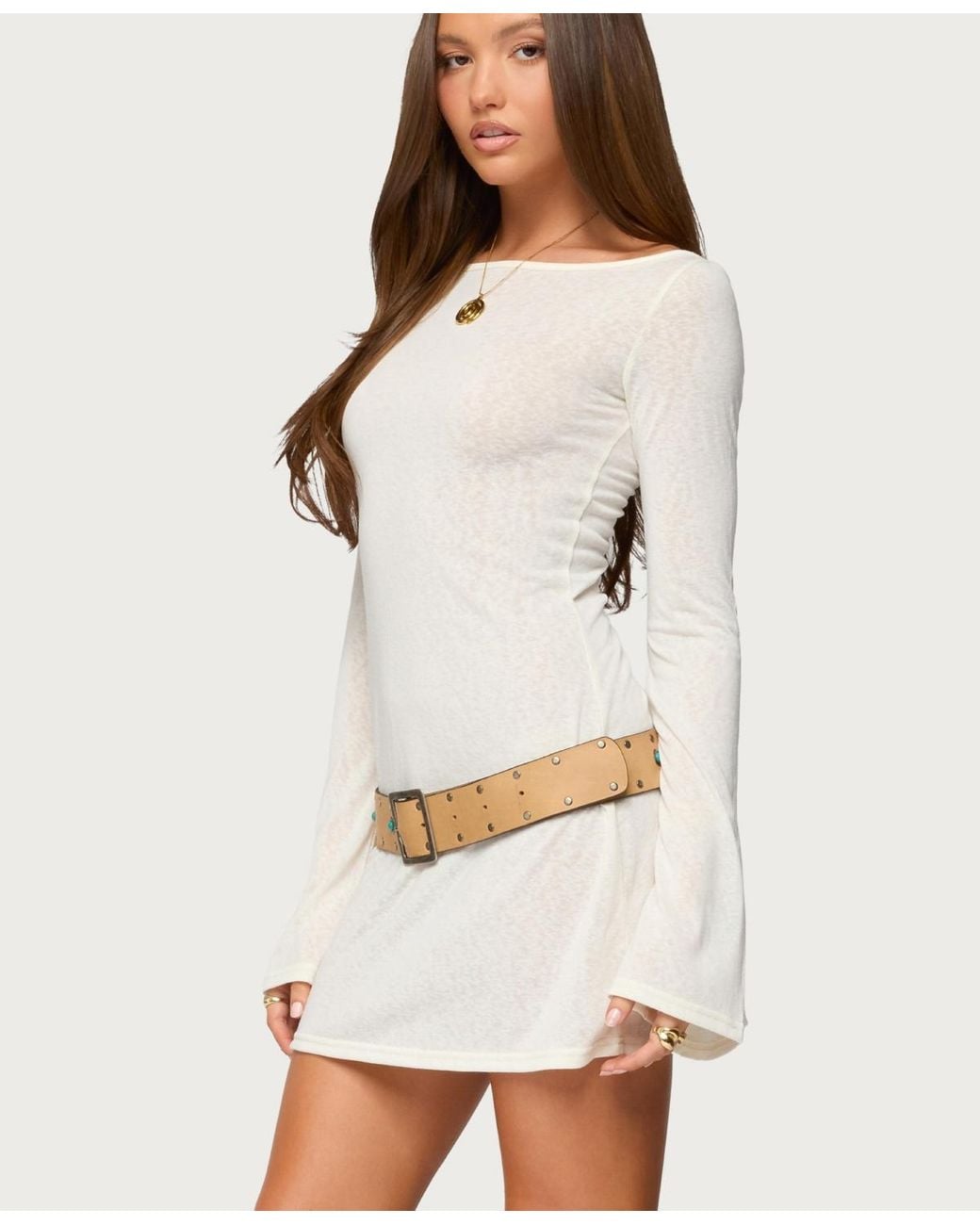 Edikted White Noria Sheer Flared Sleeve Mini Dress