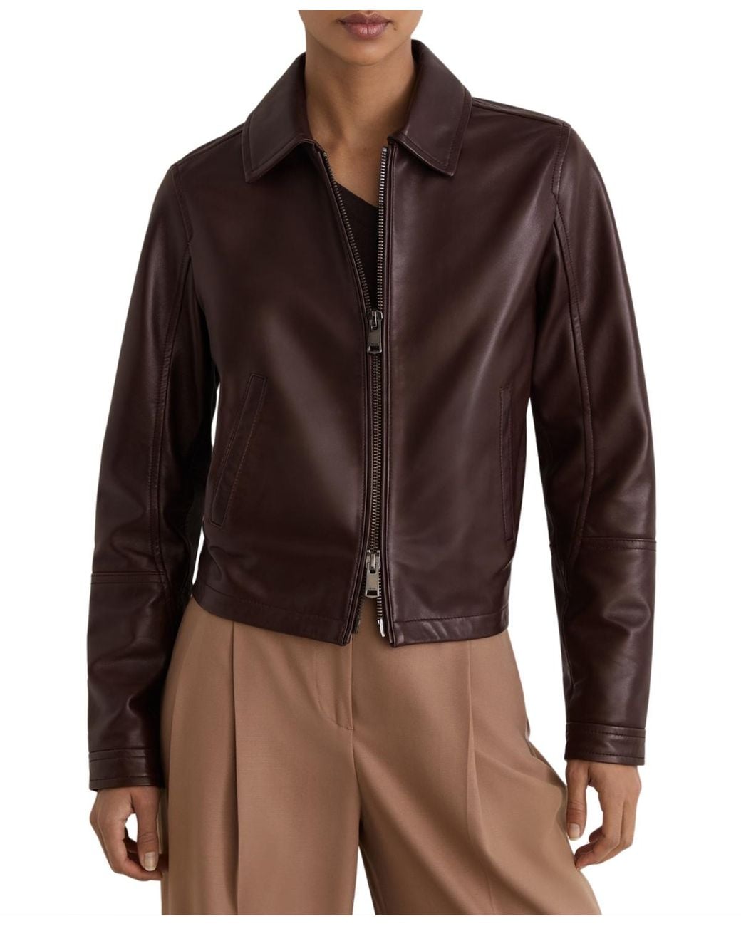 Reiss Brown Leather Zip-through Moto Jacket