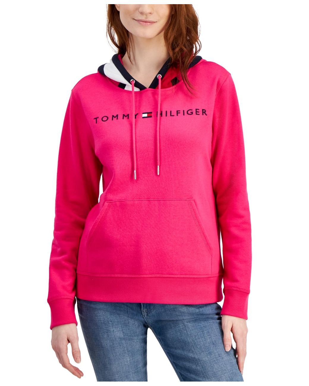 Tommy Hilfiger Logo Colorblocked Pullover Hoodie in Pink | Lyst