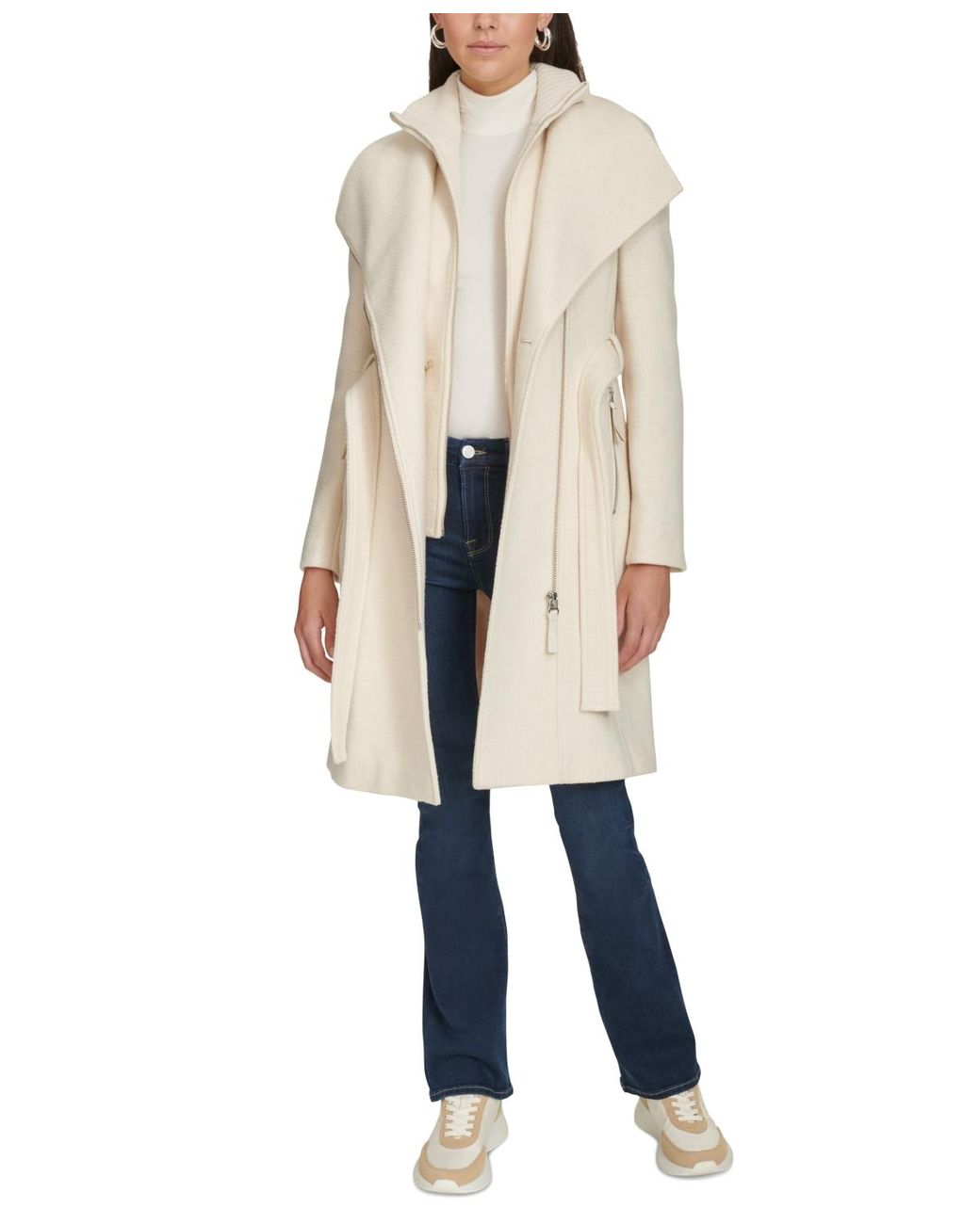 Calvin Klein Wool Blend Belted Wrap Coat in Natural Lyst