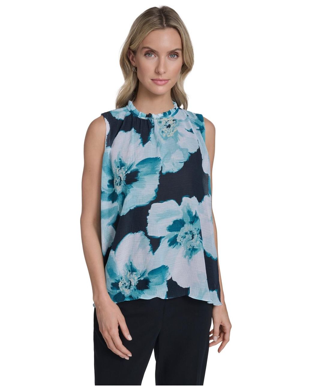 Txtrd Ruffle Top Calvin Klein Textured Ruffle Neck Top in Blue | Lyst