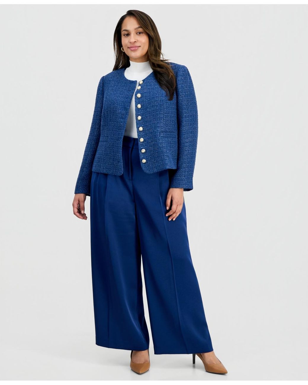 Tahari Blue Asl Plus Button-front Boucle Jacket