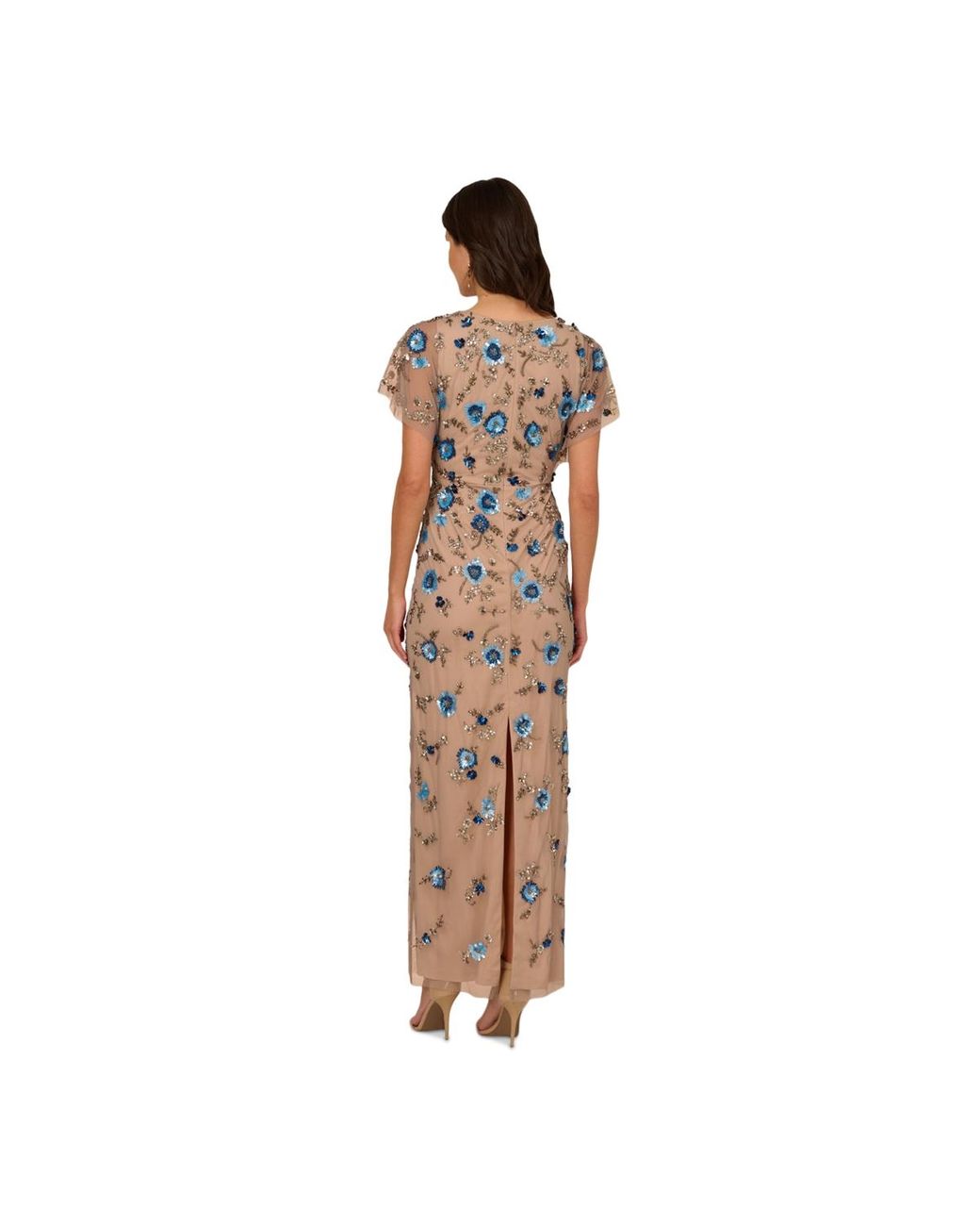 Adrianna Papell Beaded Mesh Column Dress in Metallic | Lyst