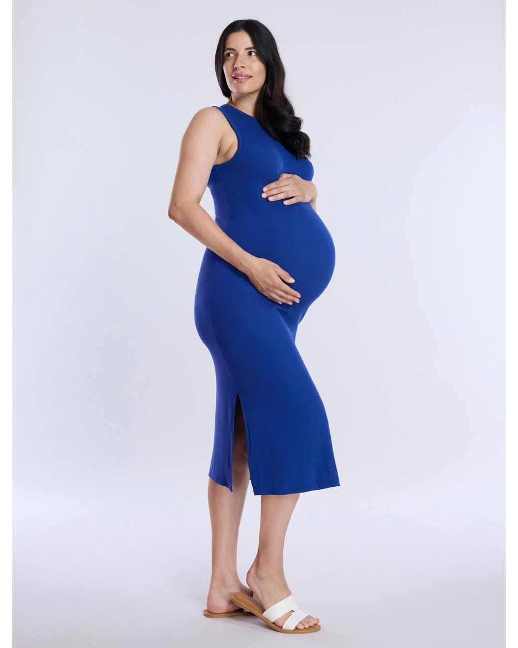 Motherhood Maternity Maternity Crew Neck Rib Knit Sleeveless Midi Dress in Blue Lyst