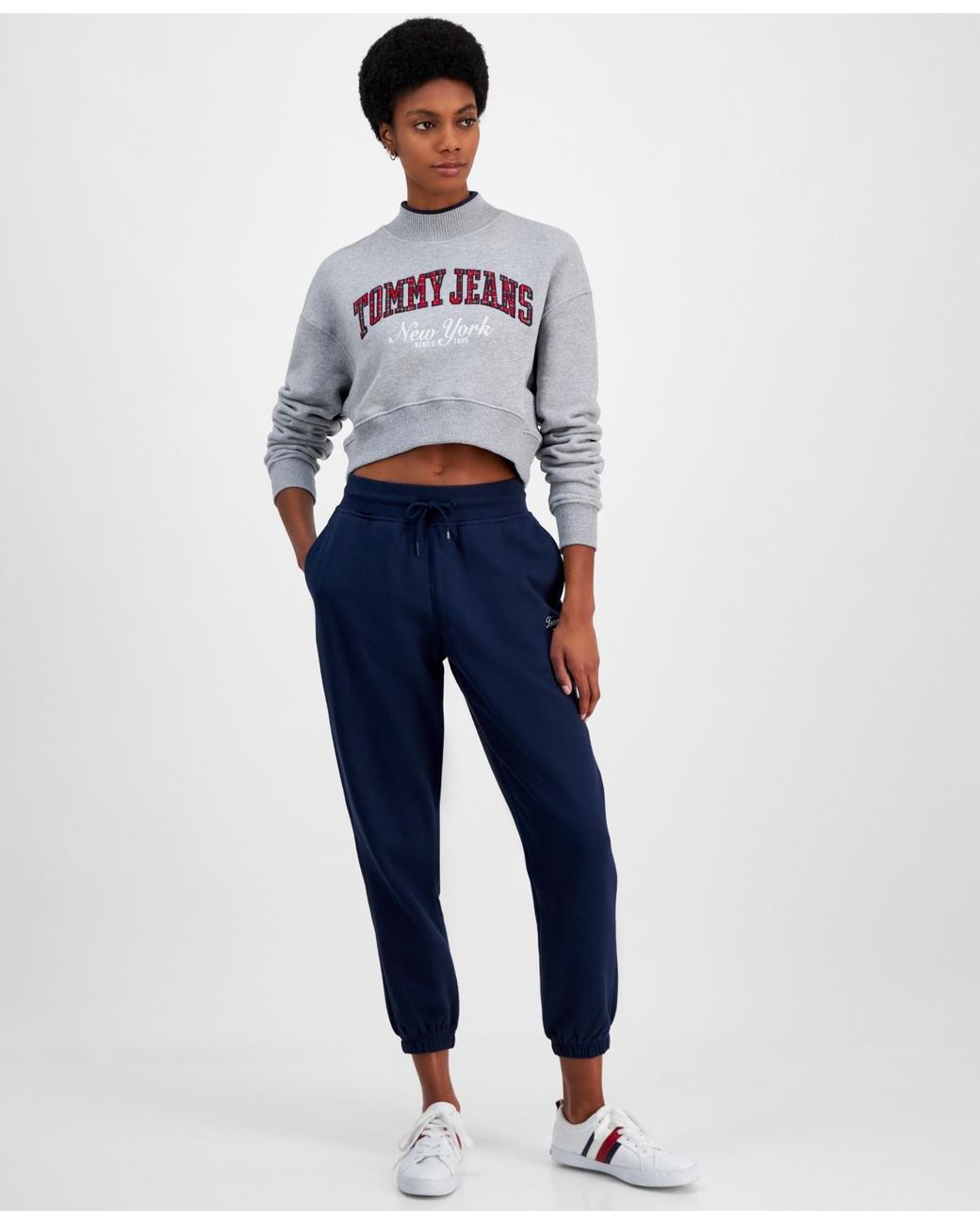 Tommy Hilfiger Cropped Tartan Logo Mock Neck Sweatshirt in Blue | Lyst