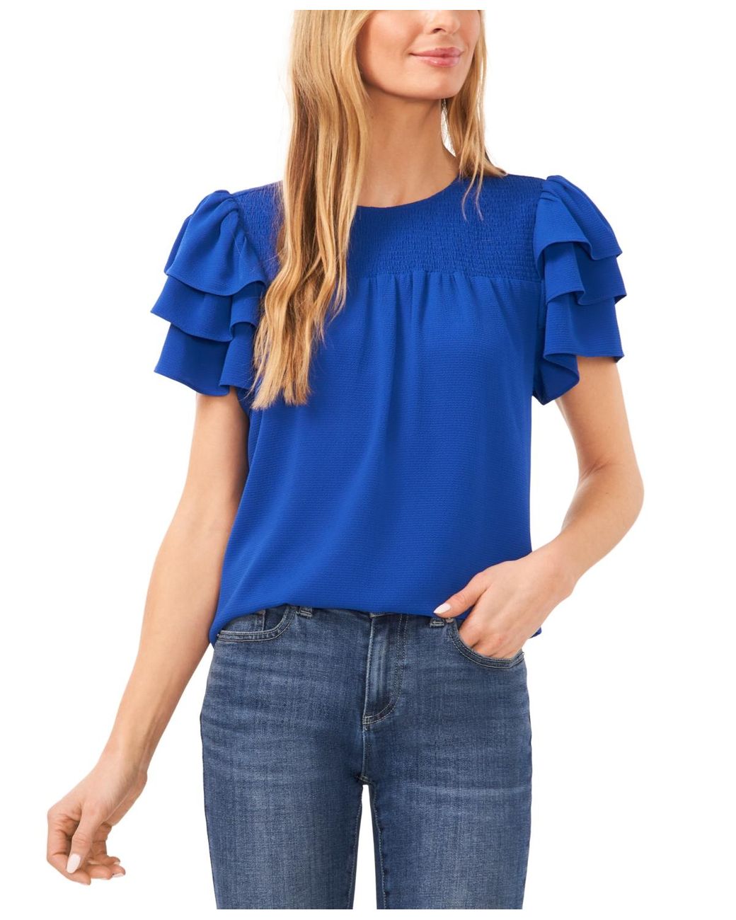 Cece Smocked Yoke Tiered Flutter Sleeve Blouse in Blue Lyst