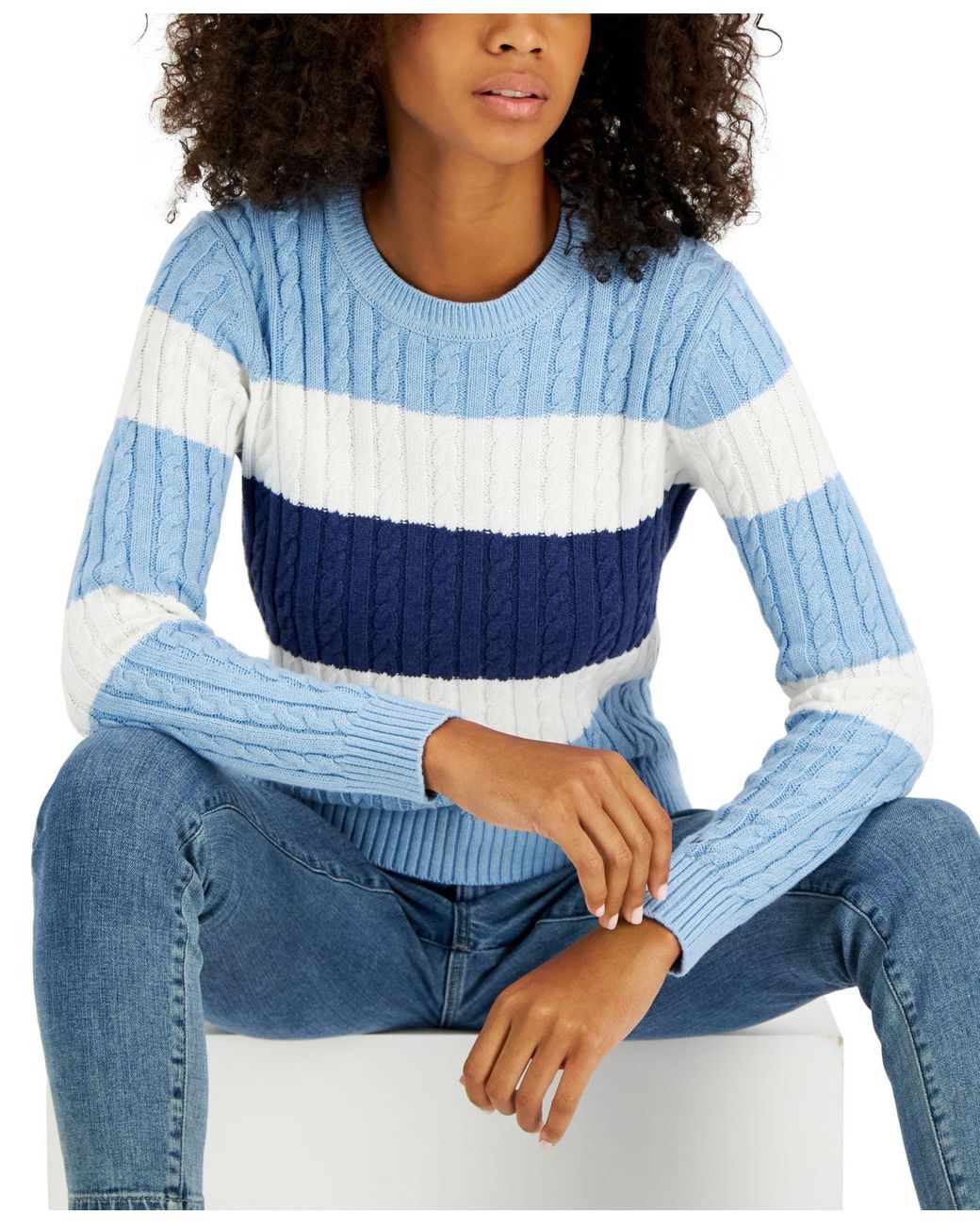 Tommy Hilfiger Cotton Striped Cable-knit Sweater in Blue | Lyst
