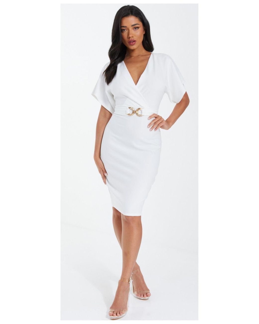 Quiz Scuba Crepe Gold Buckle Wrap Midi Dress - Women in White | Lyst