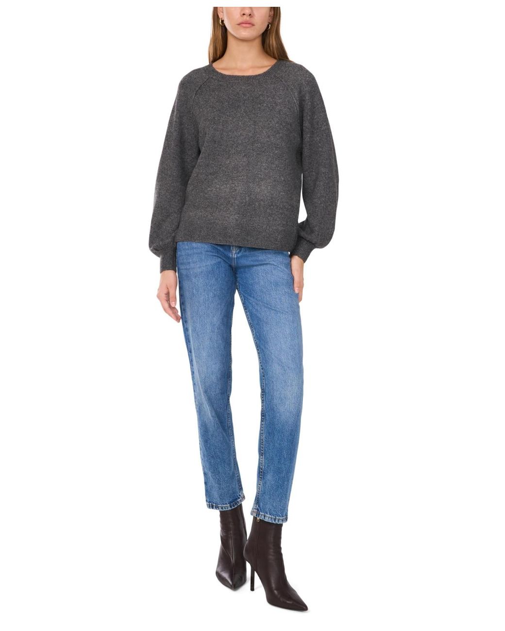 Vince Camuto Gray Crewneck Raglan Puff-sleeve Sweater