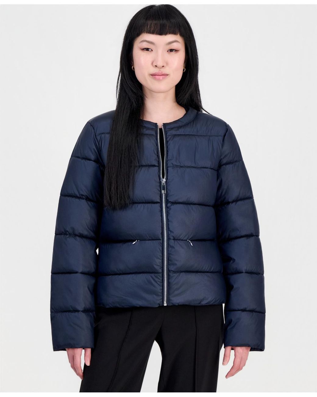Cece Blue Short Quilted Puffer Collarless Jacket