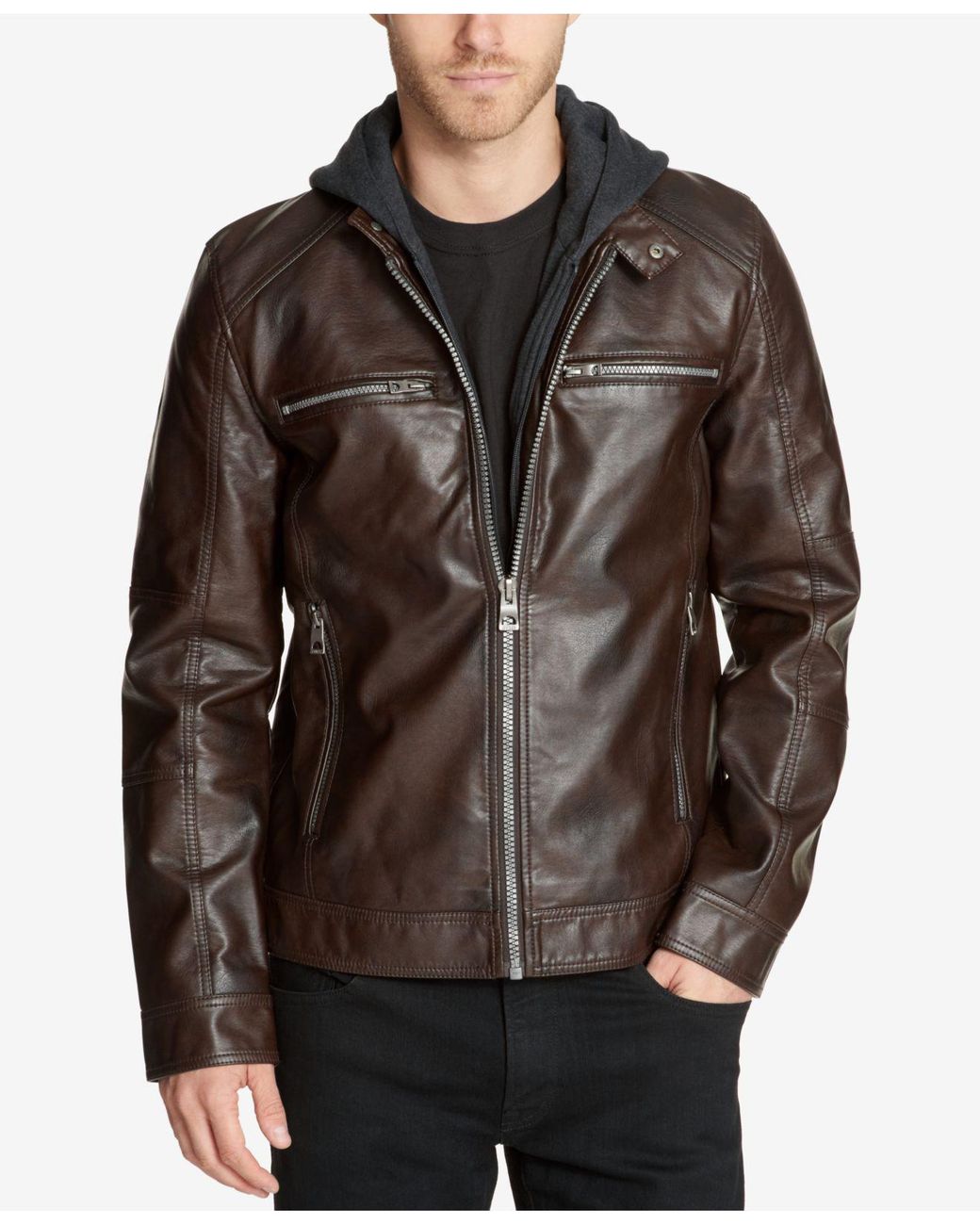 guess faux leather jacket with hood