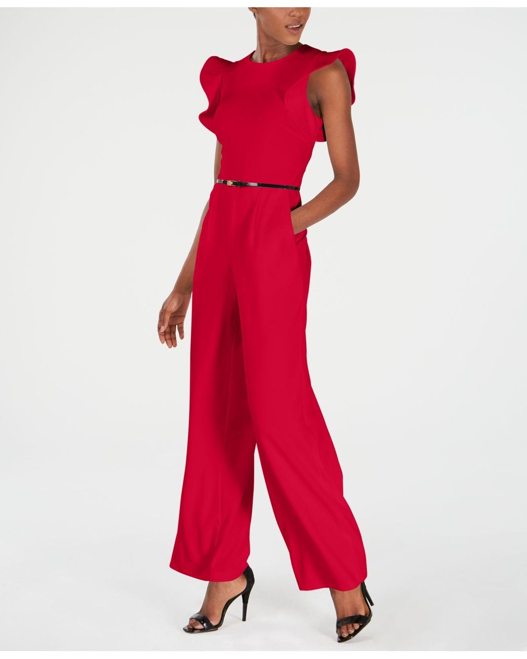 Calvin Klein Petite Belted Ruffle-sleeve Jumpsuit in Red | Lyst