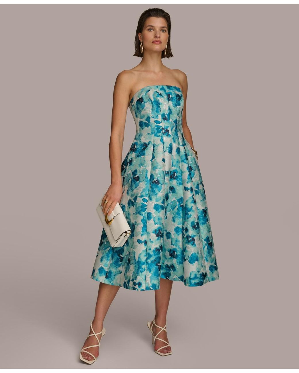 Donna Karan Donna Karan Floral jacquard Strapless Midi Dress in Blue Lyst