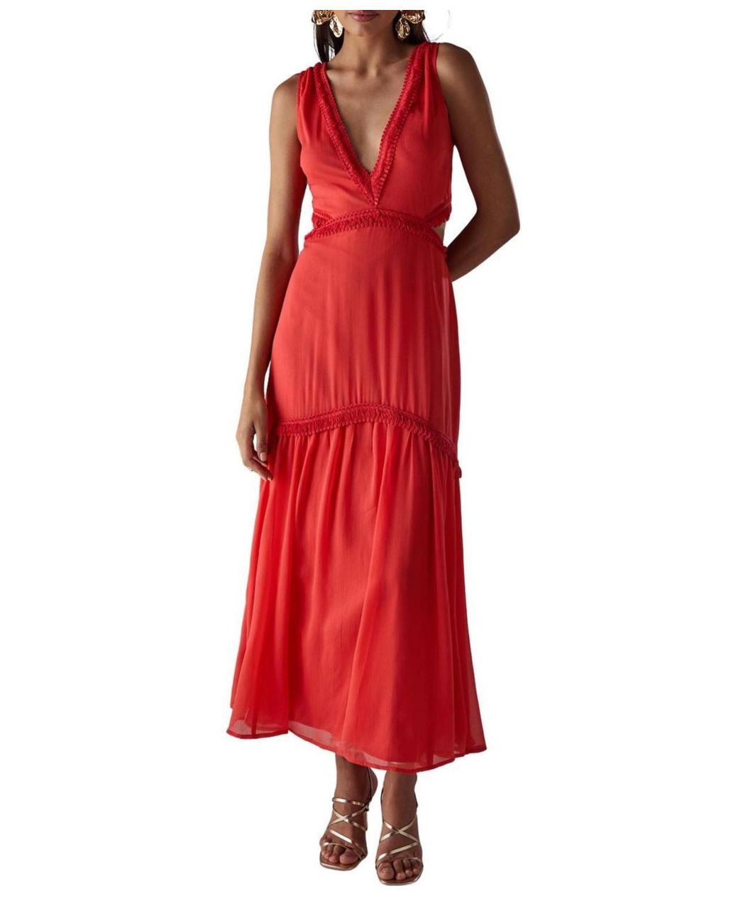 Warehouse Red Chiffon Fringe Trim Cut Out Maxi Dress
