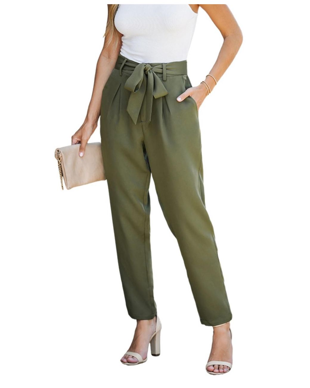 CUPSHE Olive Belted High Waist Pants in Green | Lyst