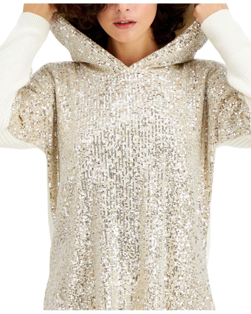 INC International Concepts Cotton Petite Sequined Ribbed Hooded Sweater,  Created For Macy's in Silver (Metallic) | Lyst