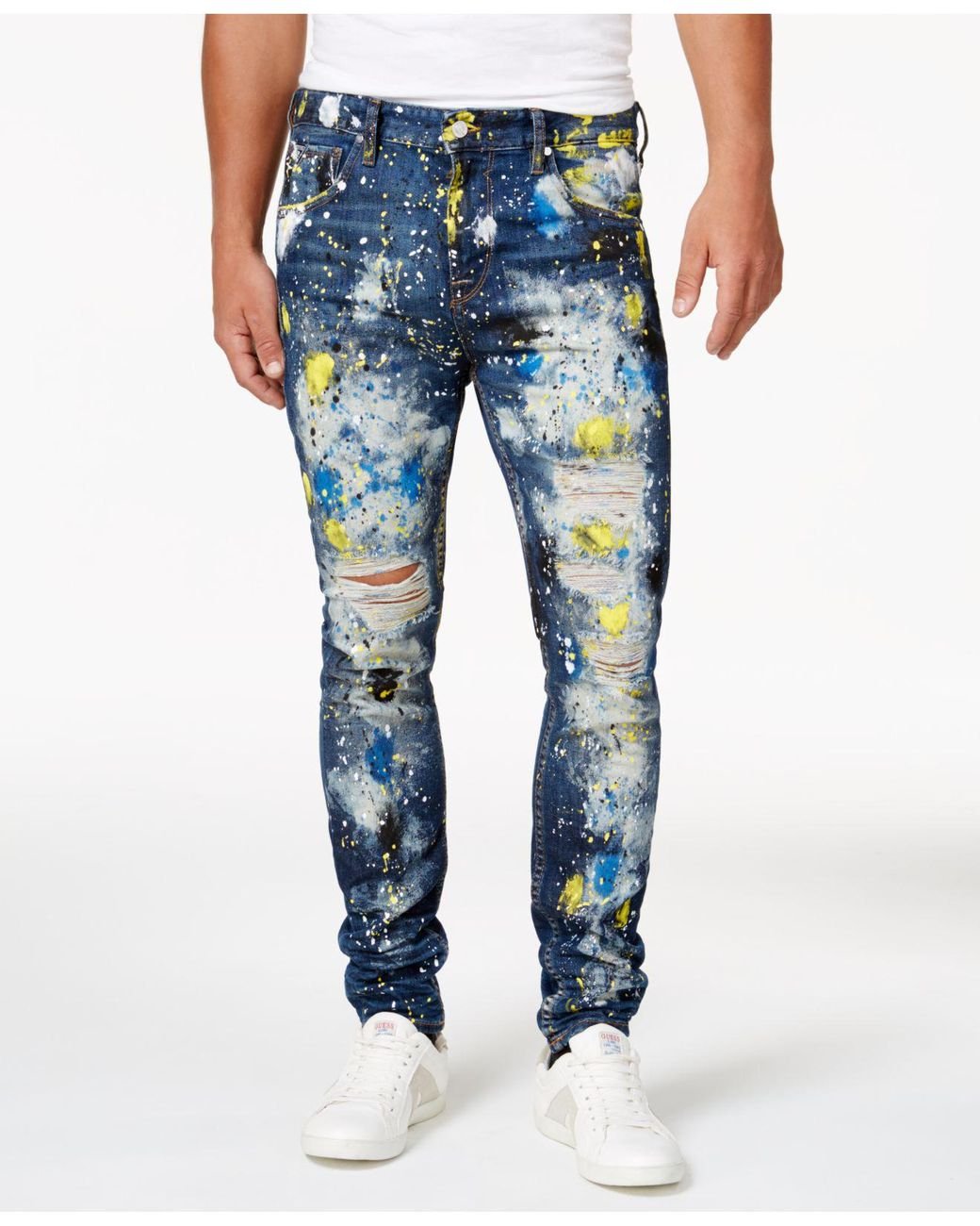 Guess Men's Paint-splattered Ripped Jeans in Blue for Men | Lyst