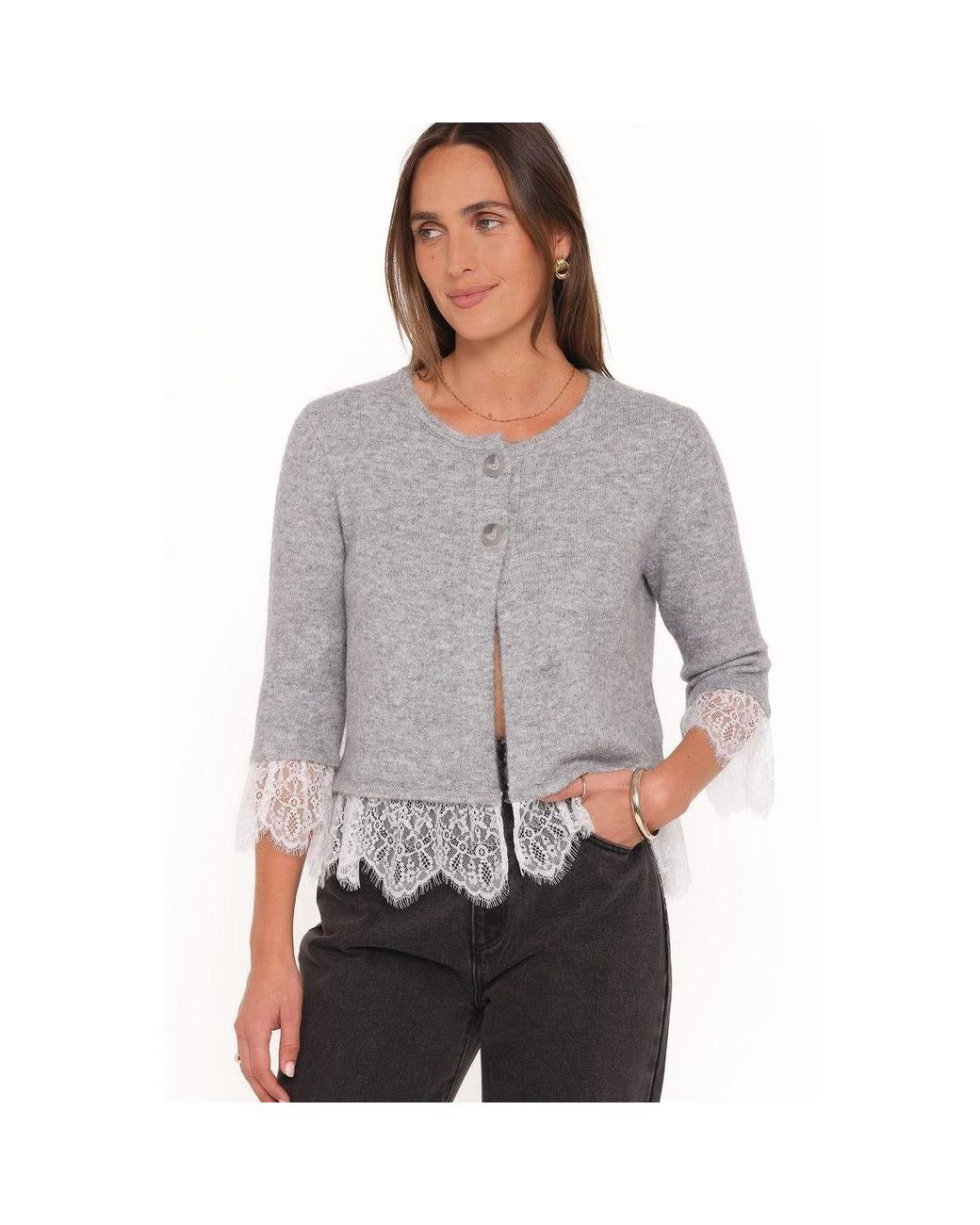 Petal & Pup Helga 3/4-sleeve Lace Cardigan Sweater in Gray | Lyst