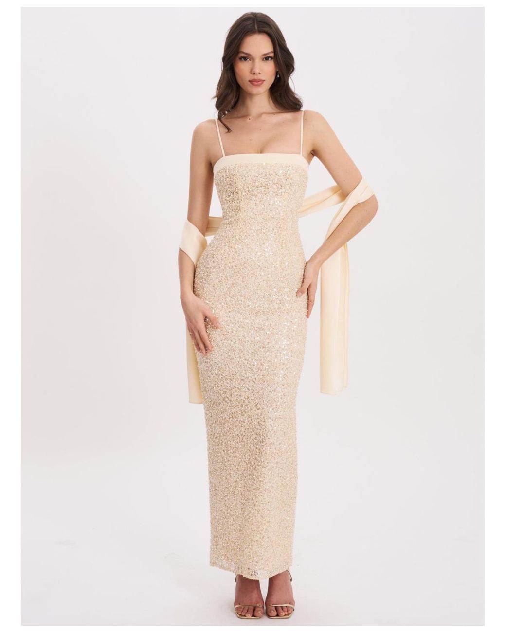 Miss Circle Raizel Beaded Sequin Bodycon Gown in Natural | Lyst