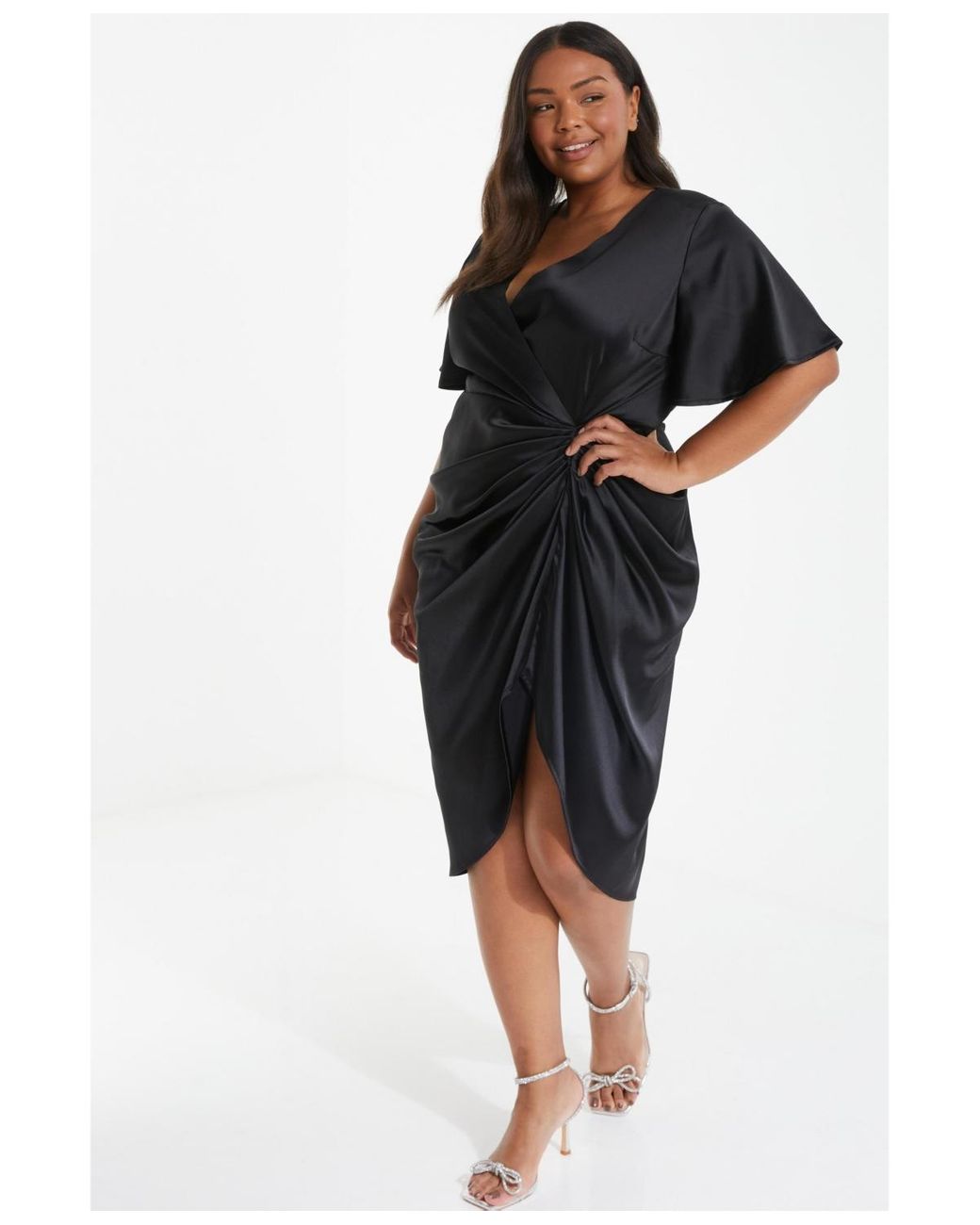 Quiz Plus Size Satin Wrap Ruched Midi Dress in Black Lyst
