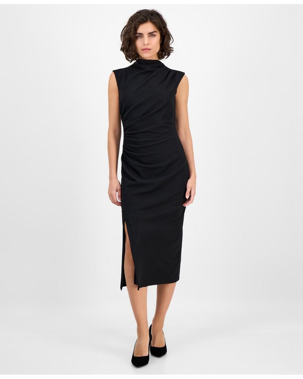 Anne Klein Drape-front Textured Knit Midi Dress in Black | Lyst