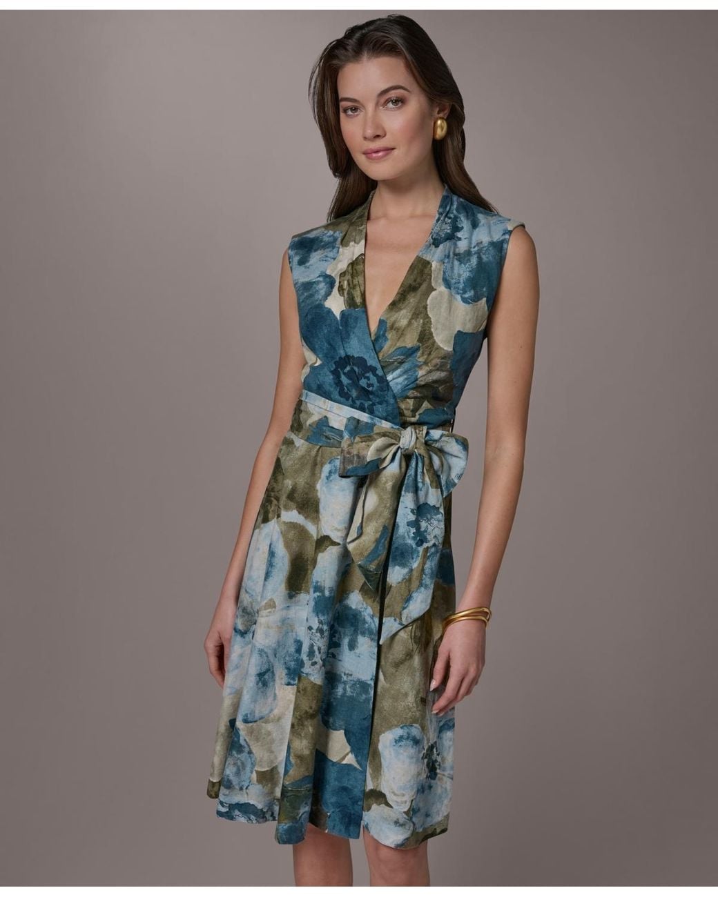 Donna Karan Blue Sleeveless Floral Faux Wrap A-line Dress