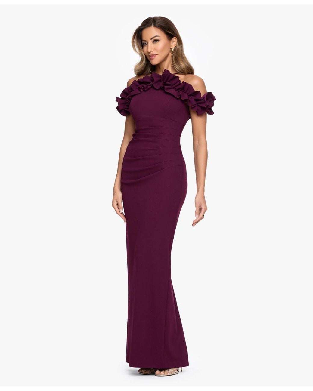 Xscape Purple Halter-strap Ruffled Gown