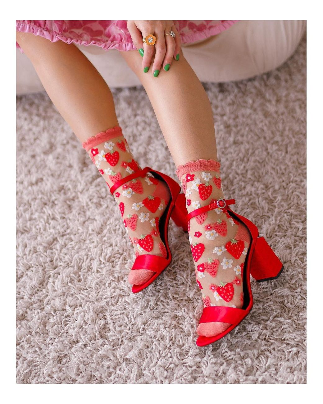 Sock Candy Red Daisy Ruffle Sheer Sock