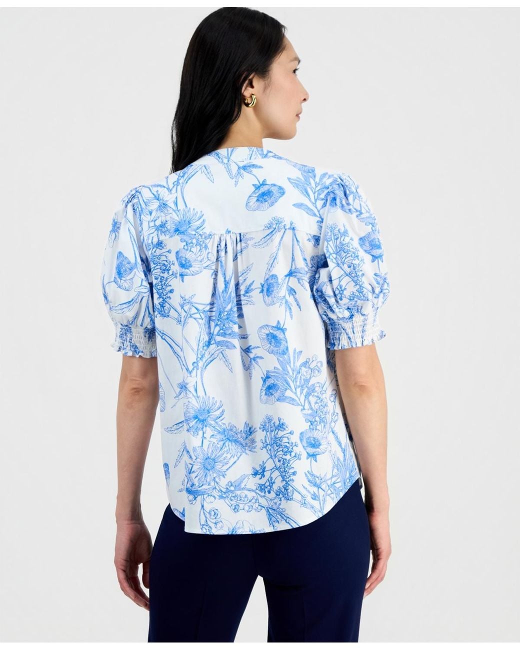 Tahari Blue Printed Split-neck Top