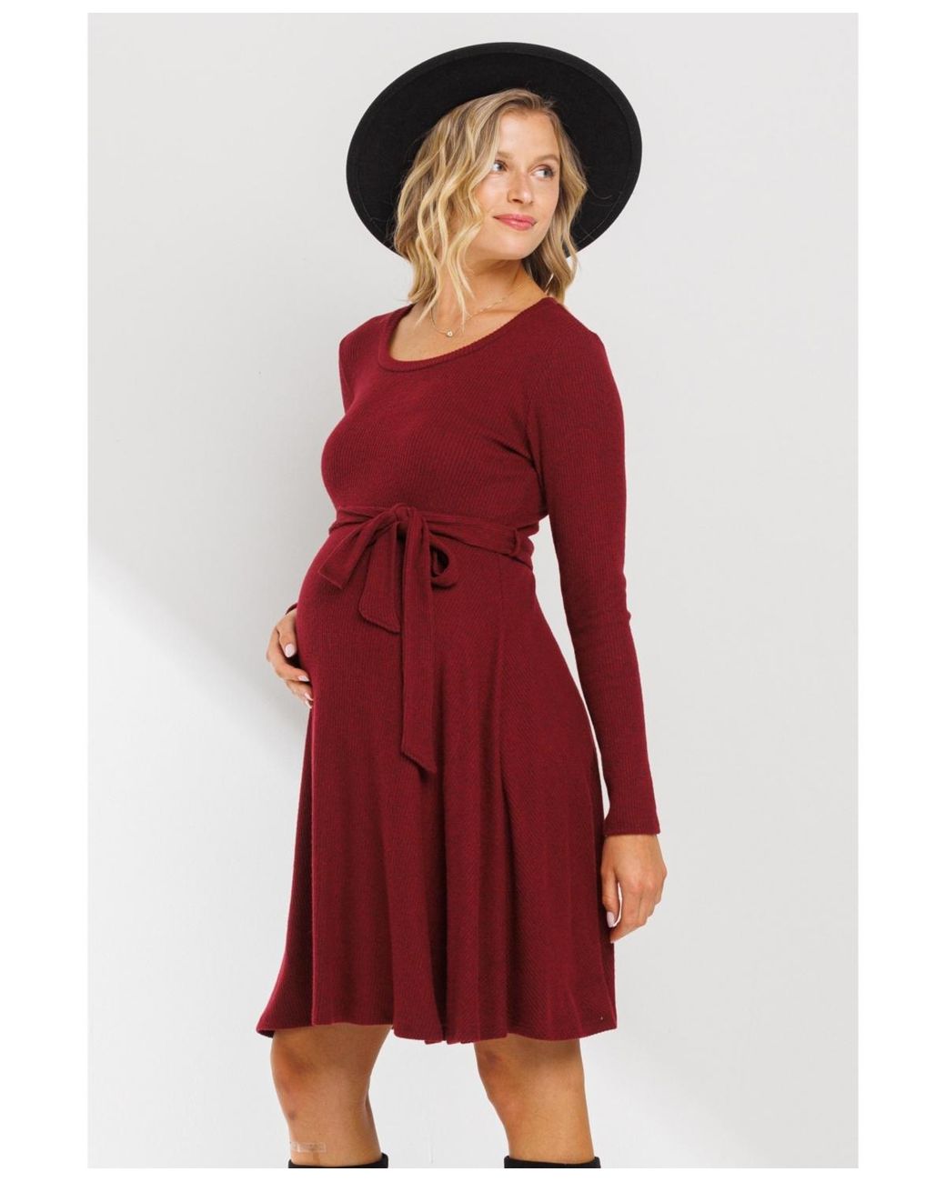 Hello Miss Maternity Rib Knit Empire Waist Long Sleeve Knee-length Dress in  Red | Lyst