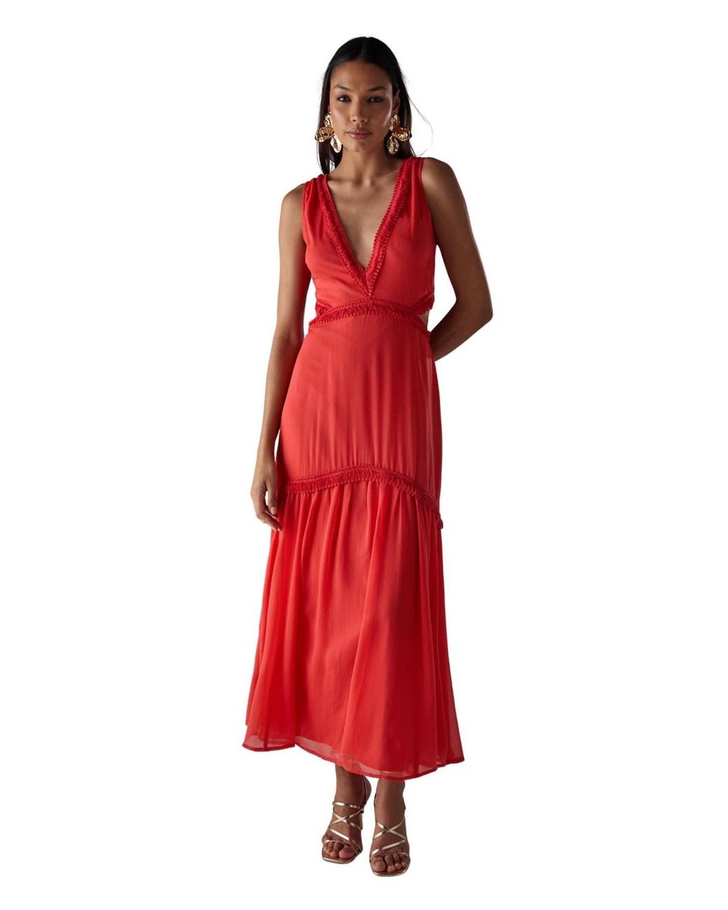 Warehouse Red Chiffon Fringe Trim Cut Out Maxi Dress
