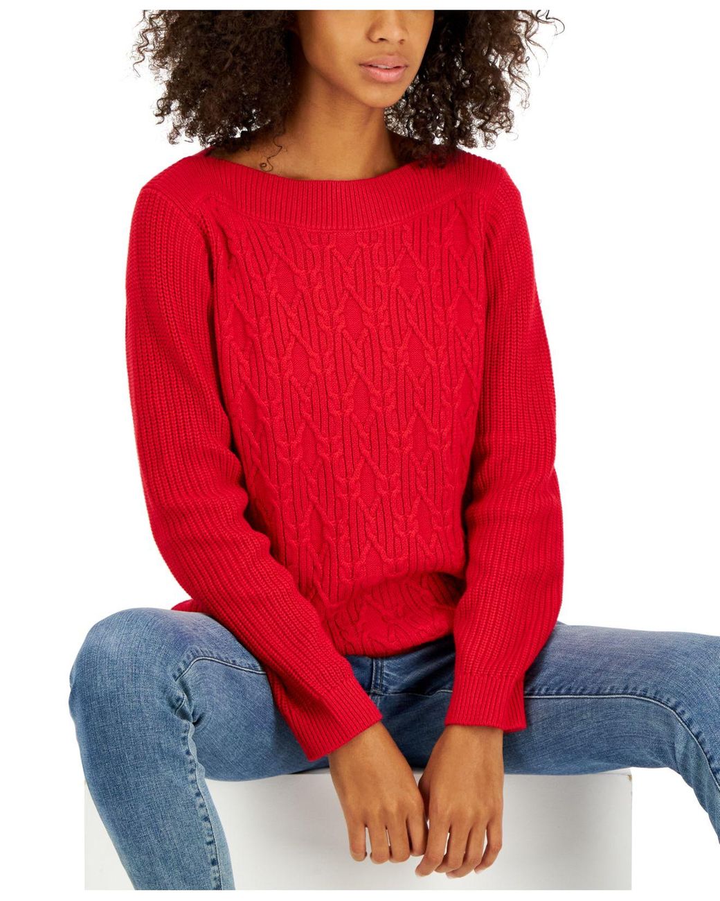 Tommy Hilfiger Boat-neck Cable Knit Sweater in Red | Lyst