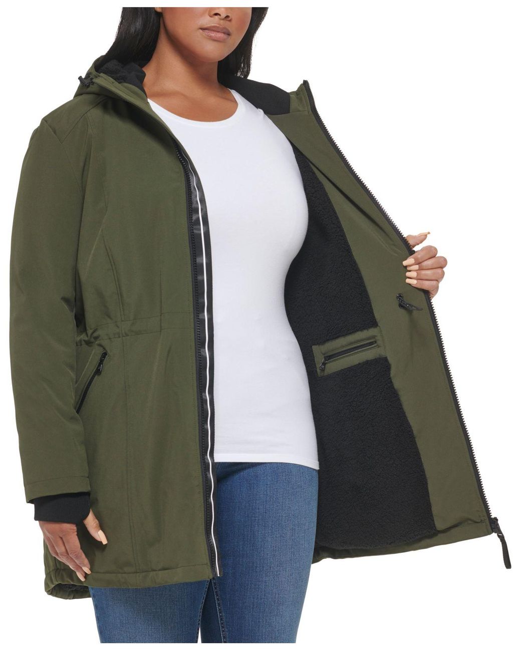 Calvin Klein Plus Size Hooded Fleece-lined Anorak Raincoat in Green | Lyst