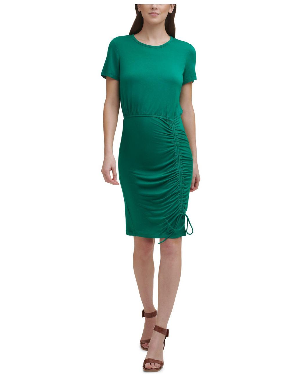 Calvin Klein Synthetic Ruched Sheath Dress in Green - Lyst
