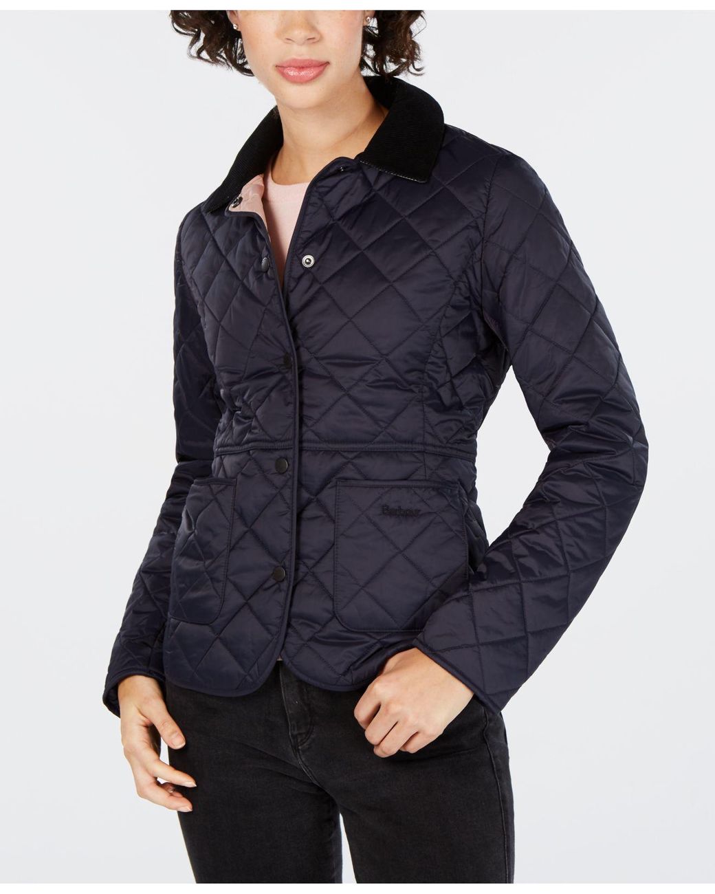 Barbour Deveron Quilted Coat in Navy/Pale Pink (Blue) | Lyst