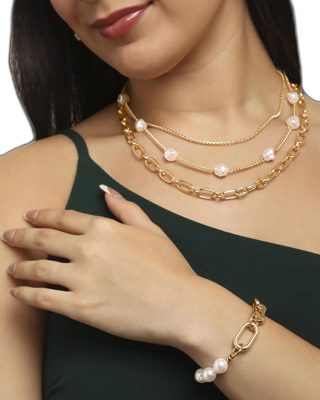 BCBGMAXAZRIA Metallic Gold-tone Link And Pearl Bracelet
