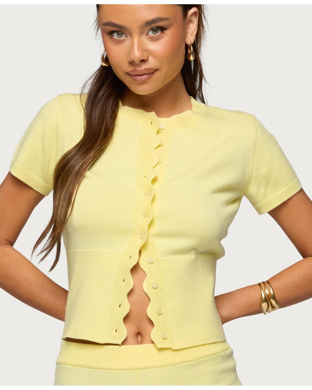 Edikted Rosie Scalloped Knit Button Up Top in Yellow | Lyst