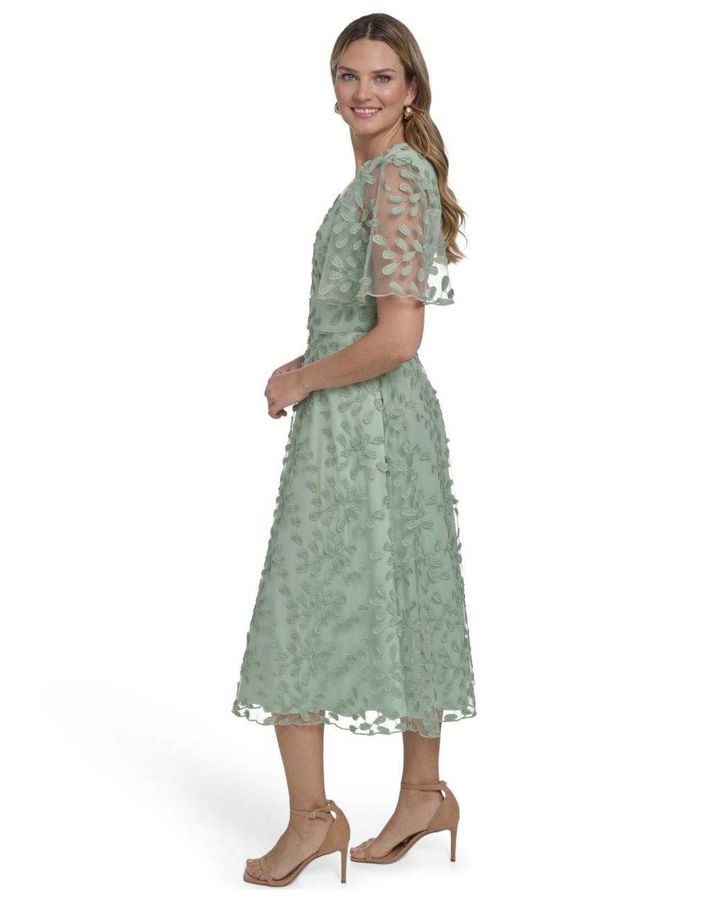 Jessica Howard Petite Flutter-sleeve V-neck Midi Dress in Green | Lyst