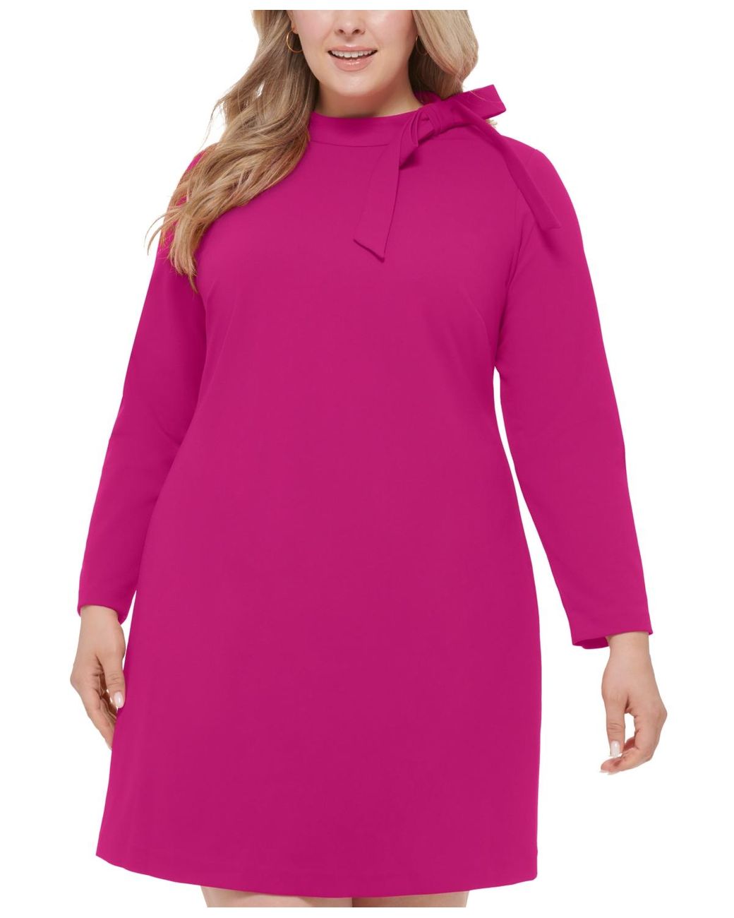 Calvin Klein Plus Size Bow-neck Long-sleeve Swing Dress in Red | Lyst