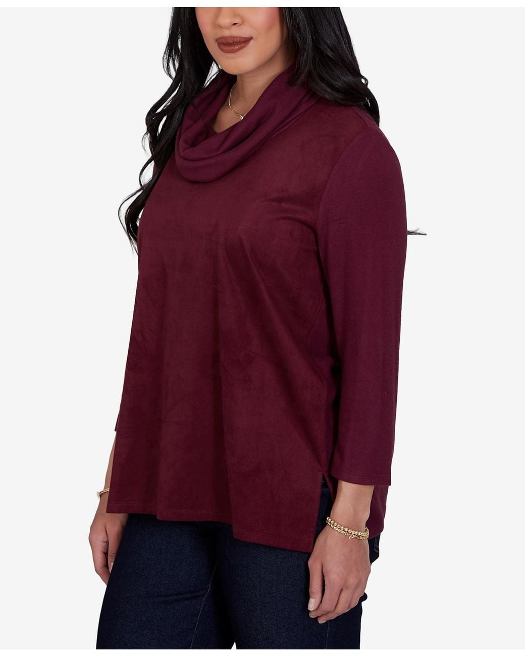 Ruby Rd Red Petite Cowl Neck 3/4-sleeve Side-slit Blouse