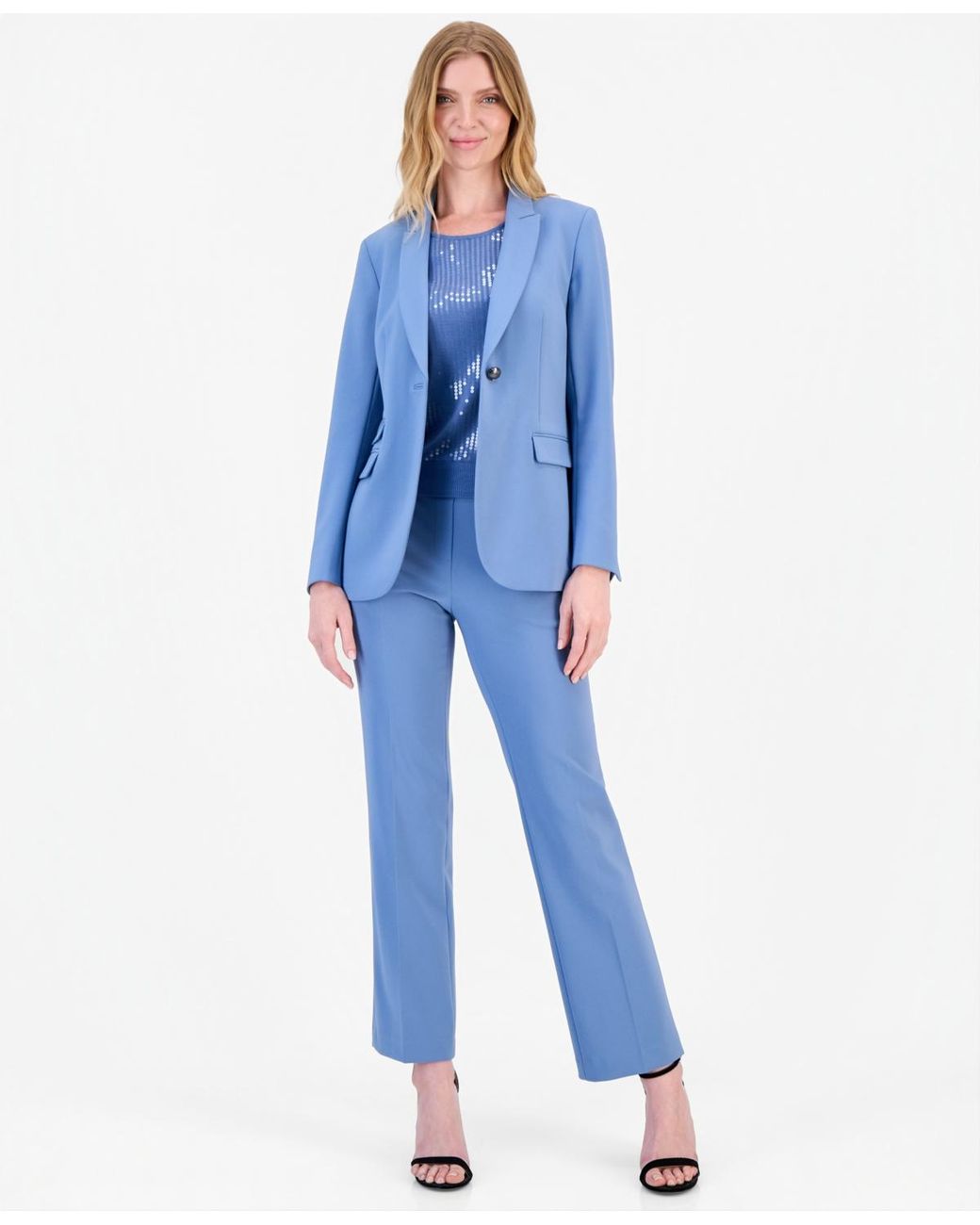 Anne Klein Blue Petite One-button Triple Pocket Blazer
