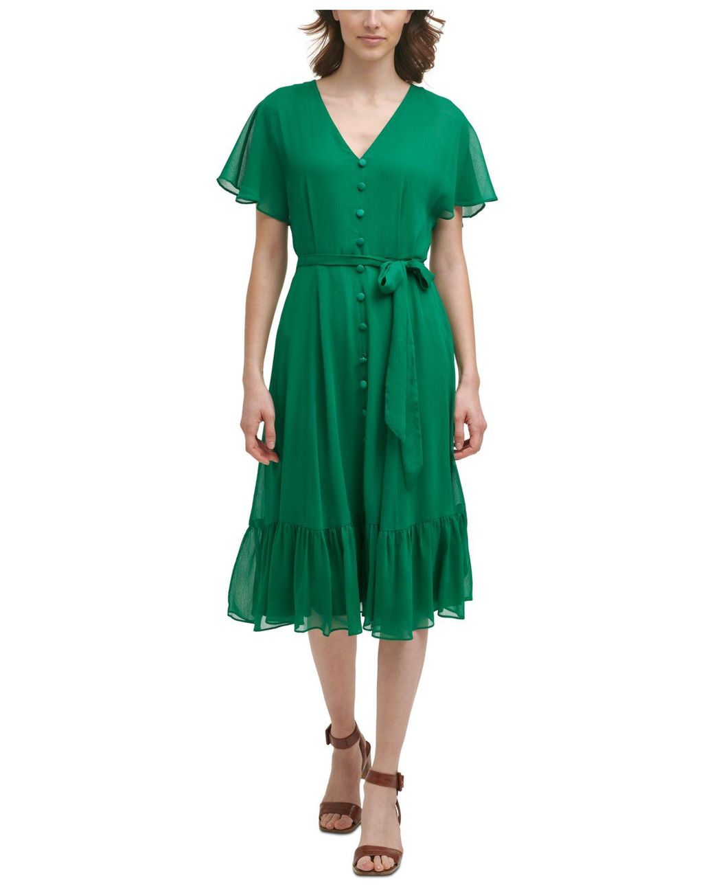 Calvin Klein Synthetic Fluttersleeve Midi Dress in Green Lyst