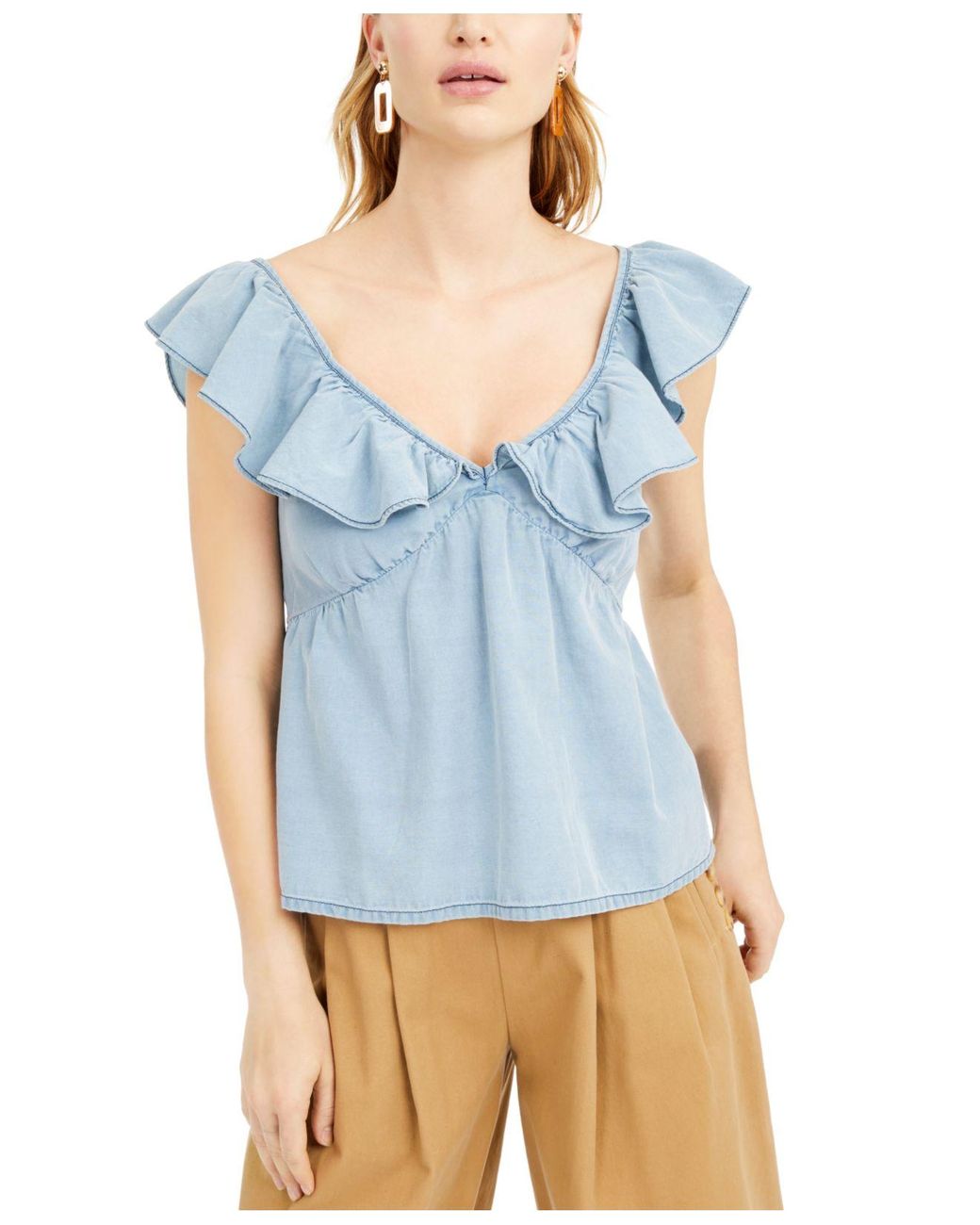 French Connection Cotton Ruffled Chambray Peplum Top in Light Blue (Blue) - Lyst