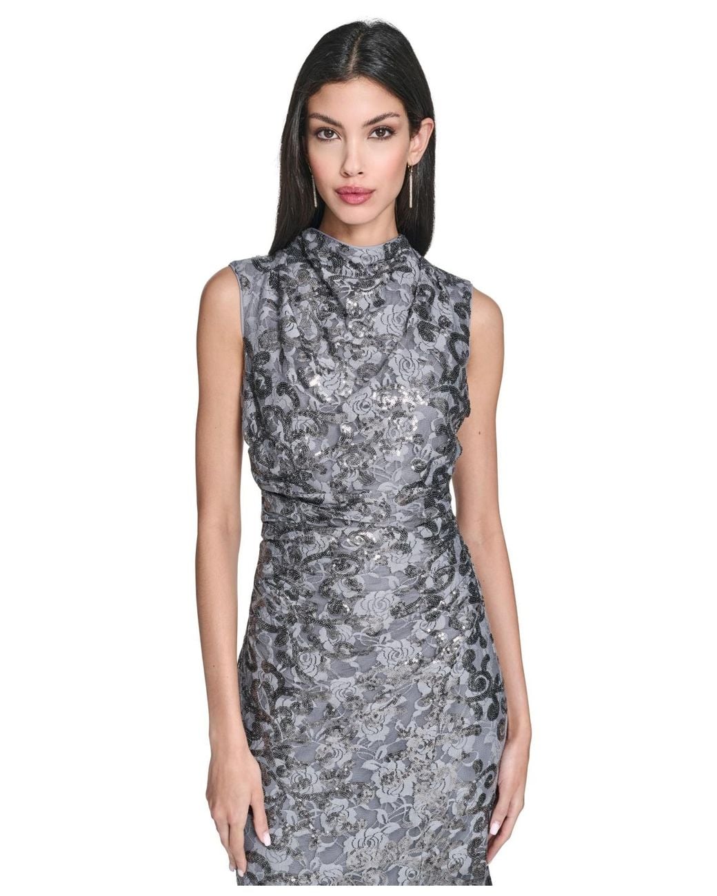 Vince Camuto Sequin Lace Cowl Neck Bodycon Midi Dress in Blue | Lyst