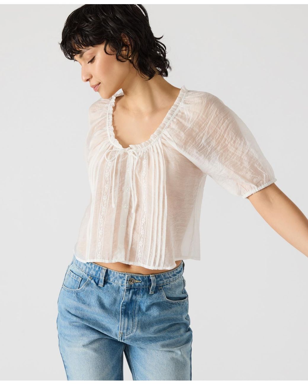売れ筋商品|||スティーブ マデン カットソー トップス レディース Women's Lana Sheer Puff-Sleeve Top Antique Steve Madden Lana Sheer Puff-sleeve Top in Blue | Lyst